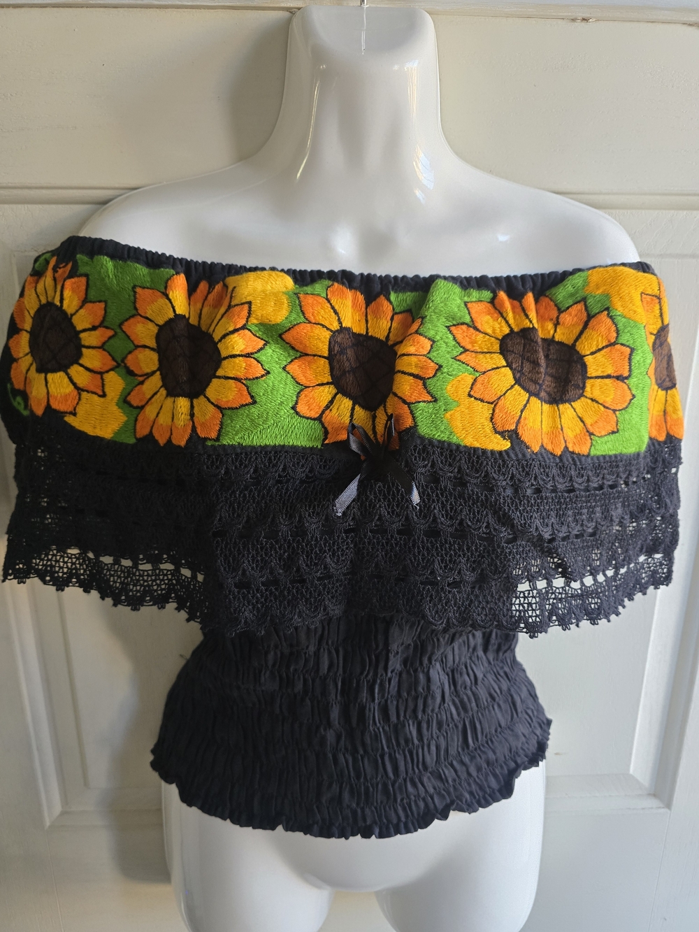 Embroidered Sunflower Off-Shoulder Women's Top - Black